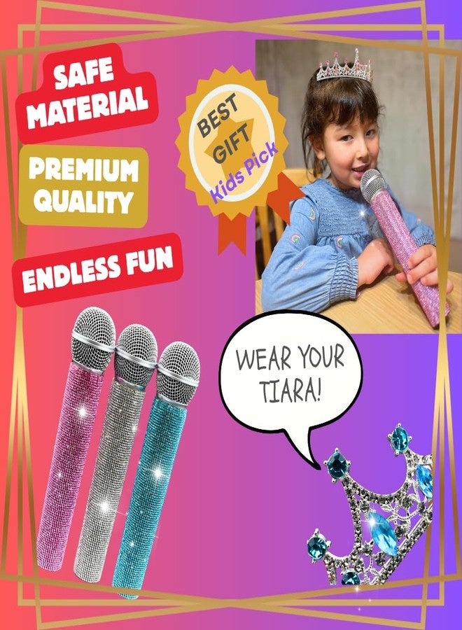 Simplurfi Fake Microphone Prop and Crystal Tiara Set - Sparkly Rhinestone Bling Girls Toy Mic & Crown for Halloween, Cosplay, Princess Dress-Up Gift, Birthday Parties & Kids Pretend Play (Silver) (Blue) - Image 5